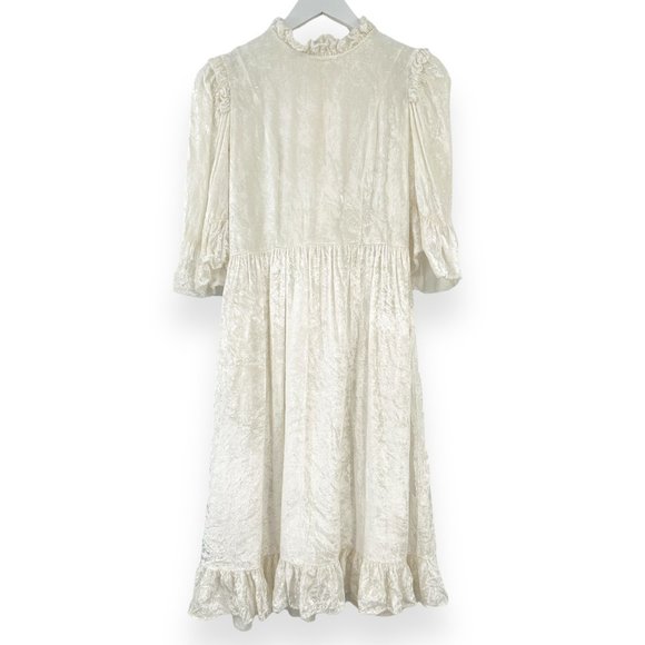 Batsheva Dresses Batsheva White Crushed Velvet Ruffled Embellished